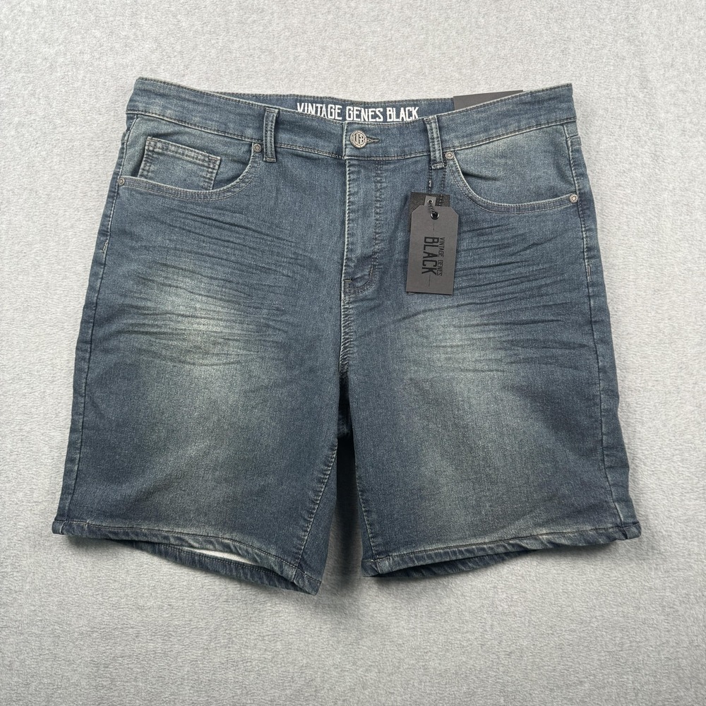 Vintage Genes Black Denim Shorts Mens 38 Blue Slim Fit French Terry Stretch‎ NEW